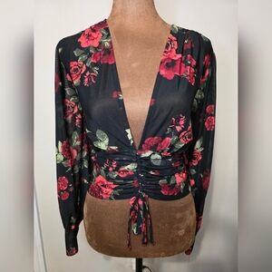 Ember Black & Red Floral Wrap Blouse – Size Medium